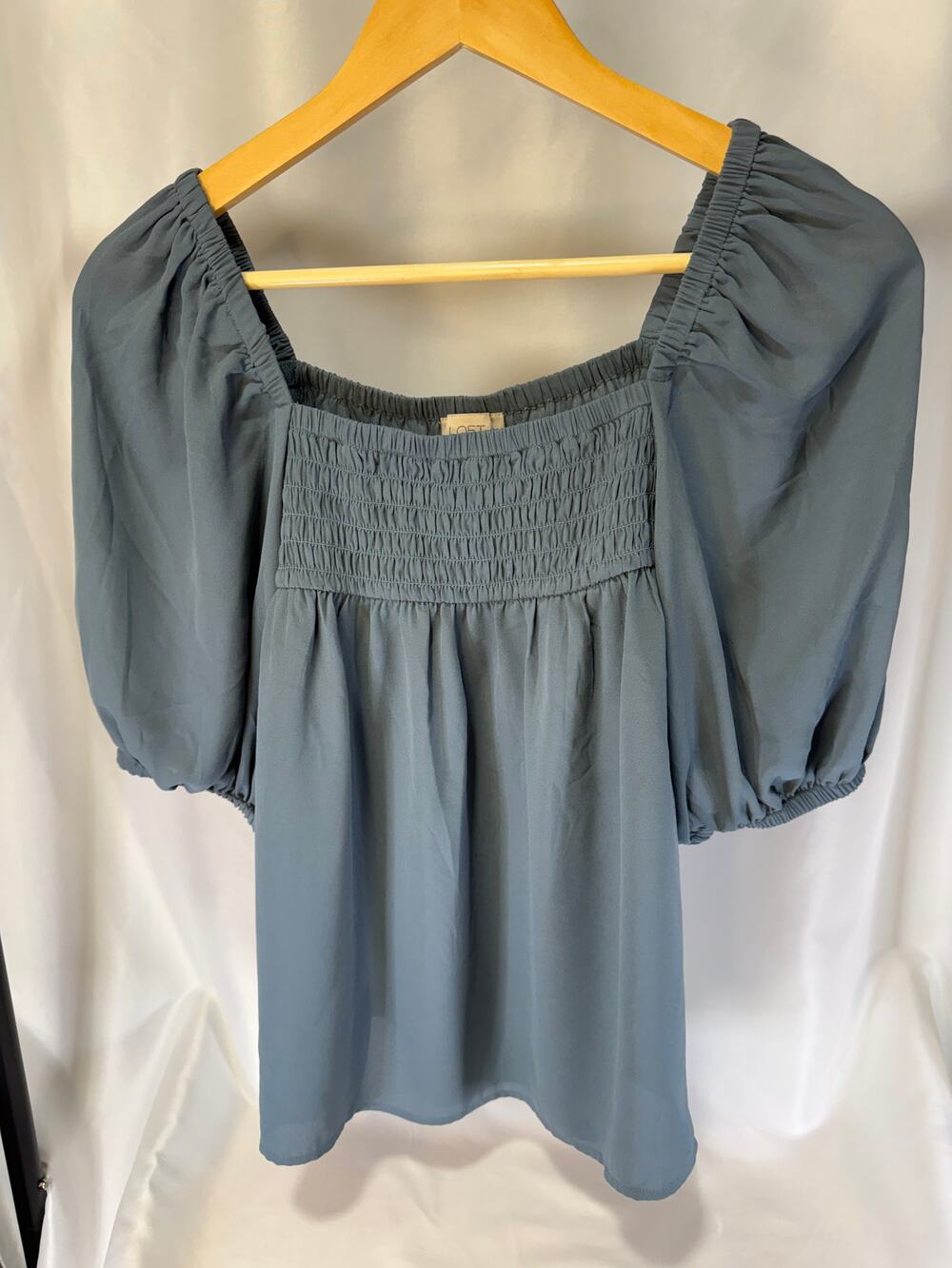 LOFT Outlet Womens Small Blue Gray Smocked Square Neck Puff Sleeve Blouse